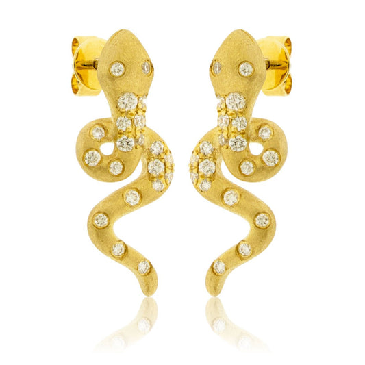 Gold Satin Finish Flush Set Diamond Snake Earrings - Park City Jewelers