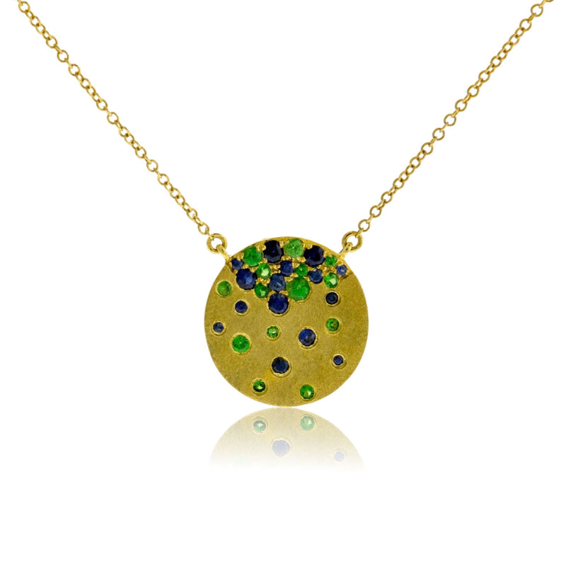 Gold Satin Finish Flush Set Tsavorite & Blue Sapphire Disc Necklace - Park City Jewelers