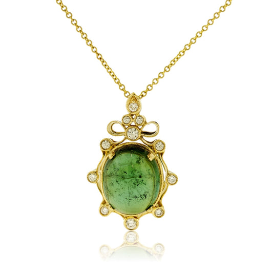 Green Tourmaline Cabochon with Diamond Accent Pendant - Park City Jewelers