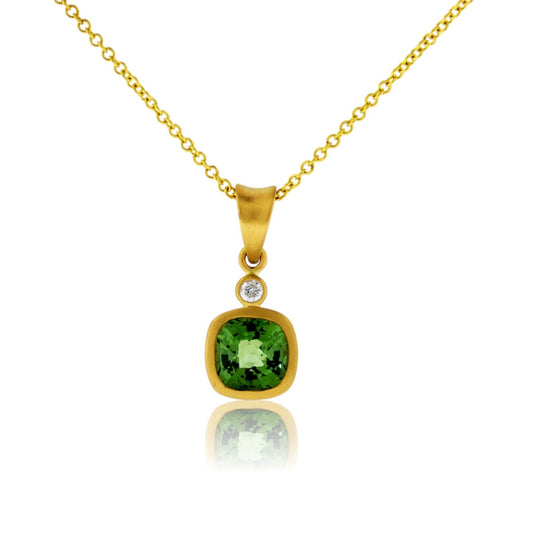 Green Tourmaline Cushion - Cut Bezel Set with Diamond Accent Pendant - Park City Jewelers