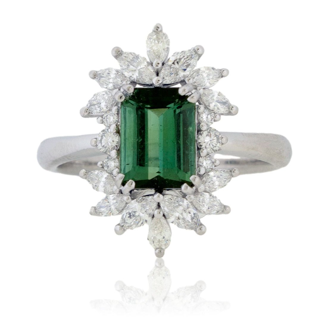 Green Tourmaline & Diamond Burst Halo Ring - Park City Jewelers