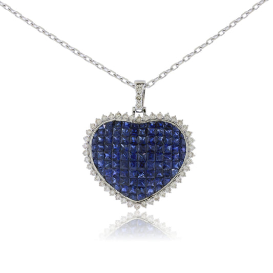 Invisible Set Blue Sapphire and Diamond Burst Halo Pendant w/Chain - Park City Jewelers