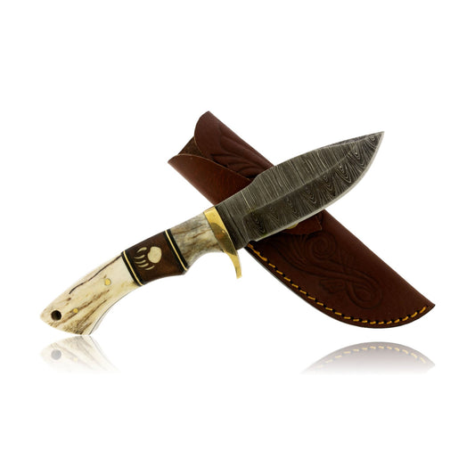 Large Damascus Hunting Knife with Antler & Sterling Silver Bear Paw Inlay - Park City Jewelers