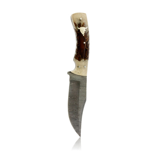 Large Damascus Knife with Pinecone Epoxy Hand with Bull Skull Inlay - Park City Jewelers