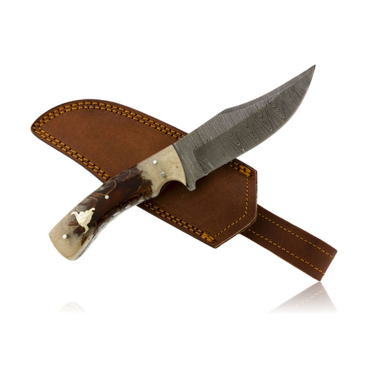 Large Damascus Knife with Pinecone Epoxy Hand with Bull Skull Inlay - Park City Jewelers