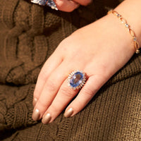 Large Oval Blue Sapphire with Round and Marquise Diamond Halo Style Ring - Park City Jewelers