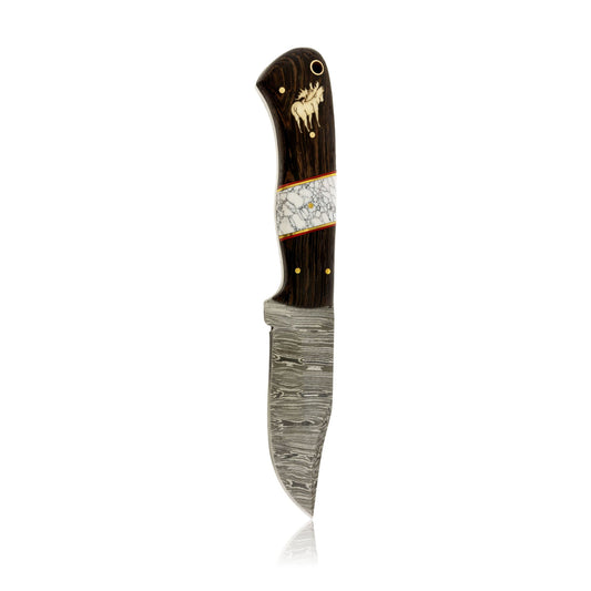 Lrg Damascus Hunting Knife with Wood and Howlite Handle and Elk Inlay - Park City Jewelers
