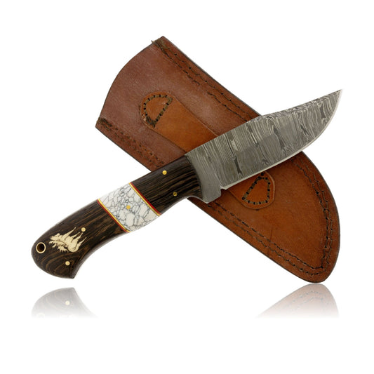 Lrg Damascus Hunting Knife with Wood and Howlite Handle and Elk Inlay - Park City Jewelers