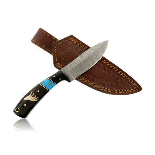 Lrg Damascus Hunting Knife with Wood and Synthetic Turquoise and Wolf Inlay - Park City Jewelers
