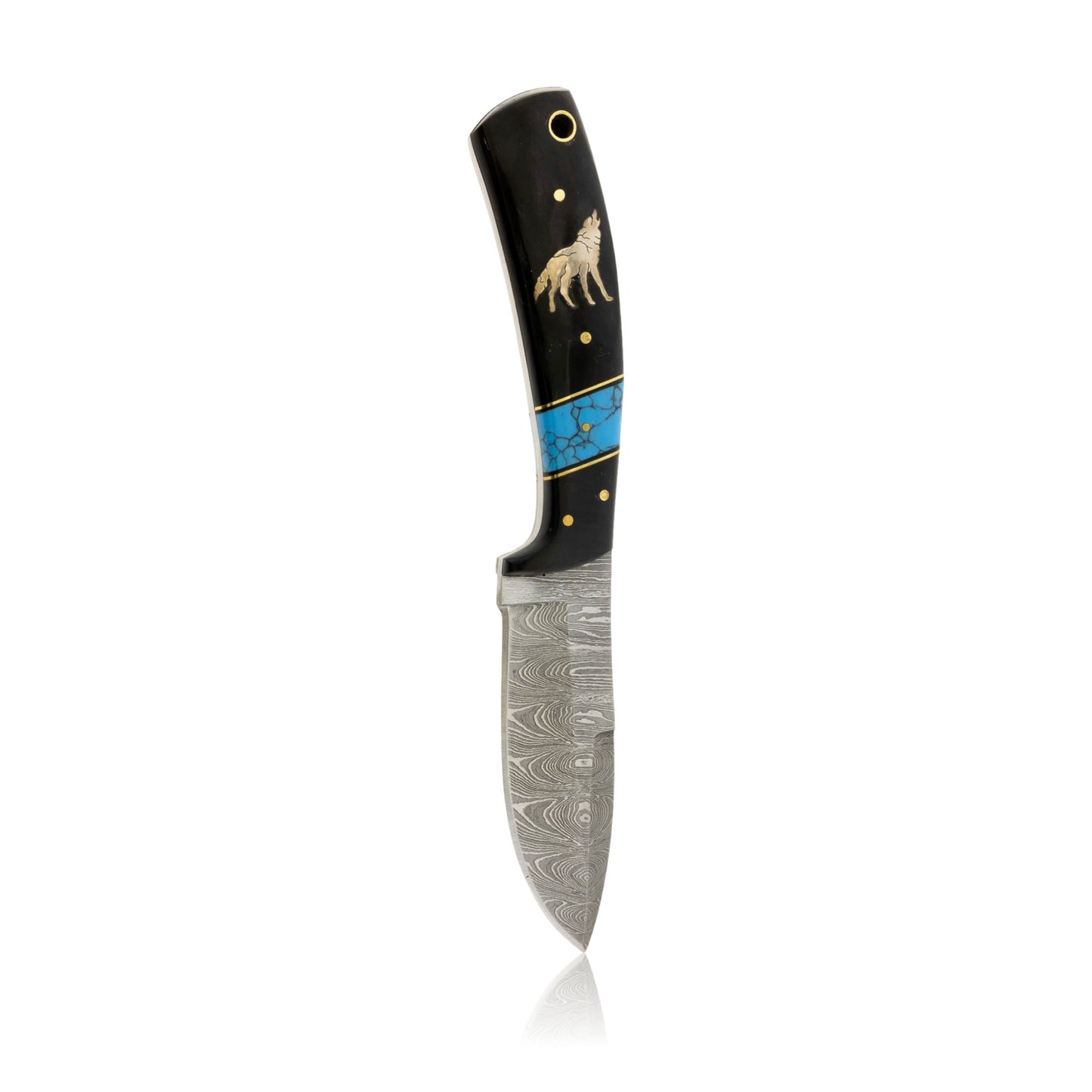 Lrg Damascus Hunting Knife with Wood and Synthetic Turquoise and Wolf Inlay - Park City Jewelers