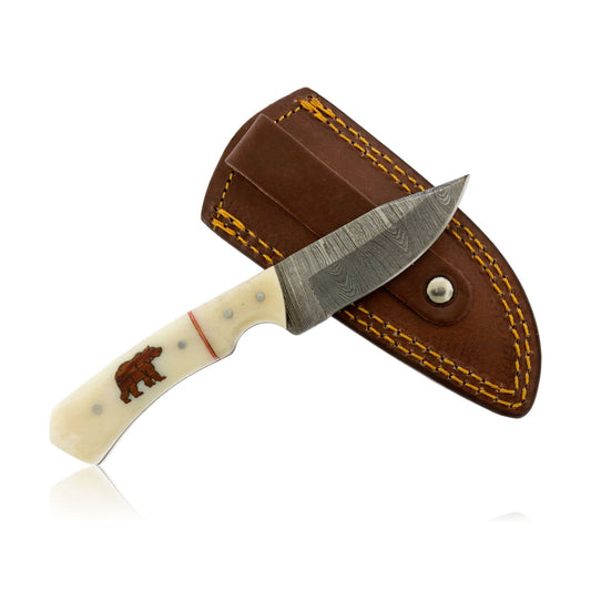 Med Damascus Hunting Knife with Wood and Antler Handle and Bear Inlay - Park City Jewelers
