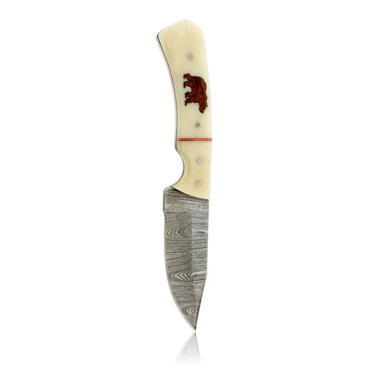 Med Damascus Hunting Knife with Wood and Antler Handle and Bear Inlay - Park City Jewelers