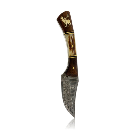 Med Damascus Hunting Knife with Wood and Antler Handle and Elk Inlay - Park City Jewelers
