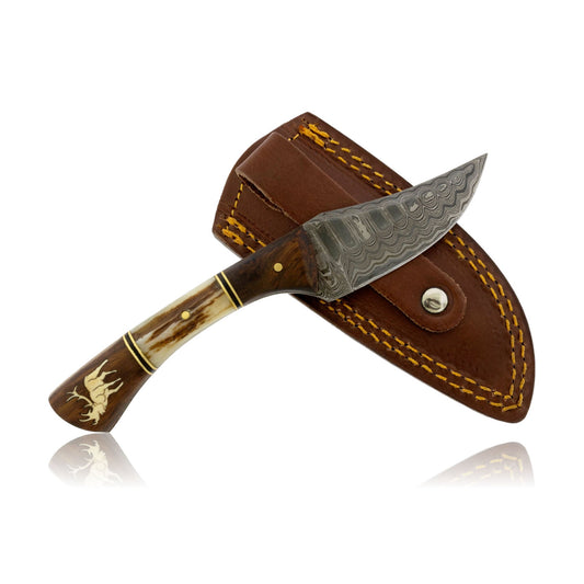 Med Damascus Hunting Knife with Wood and Antler Handle and Elk Inlay - Park City Jewelers
