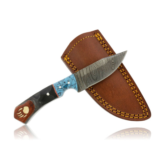 Med Damascus Hunting Knife with Wood and Synthetic Turquoise and Bear Paw Inlay - Park City Jewelers