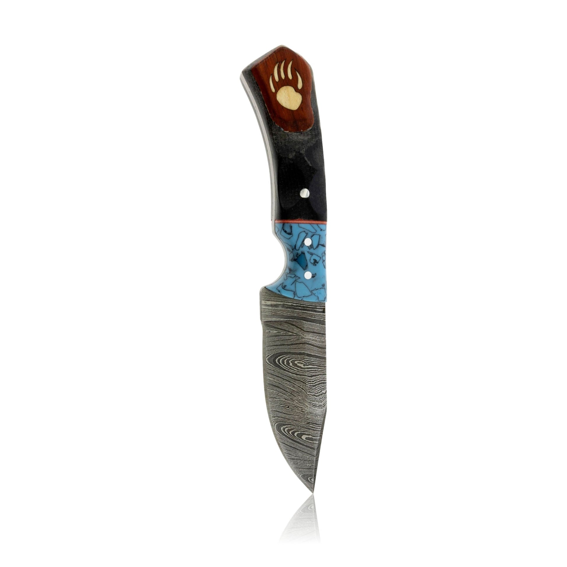 Med Damascus Hunting Knife with Wood and Synthetic Turquoise and Bear Paw Inlay - Park City Jewelers
