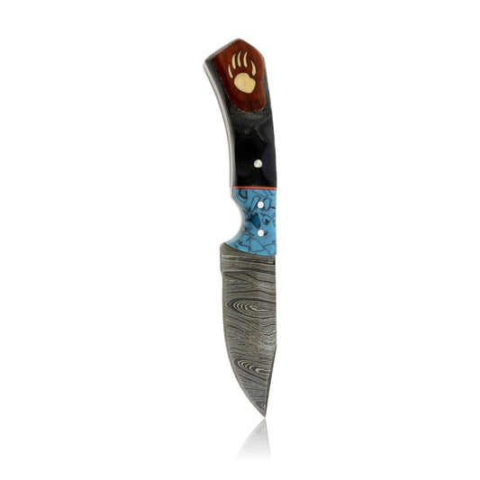 Med Damascus Hunting Knife with Wood and Synthetic Turquoise and Bear Paw Inlay - Park City Jewelers