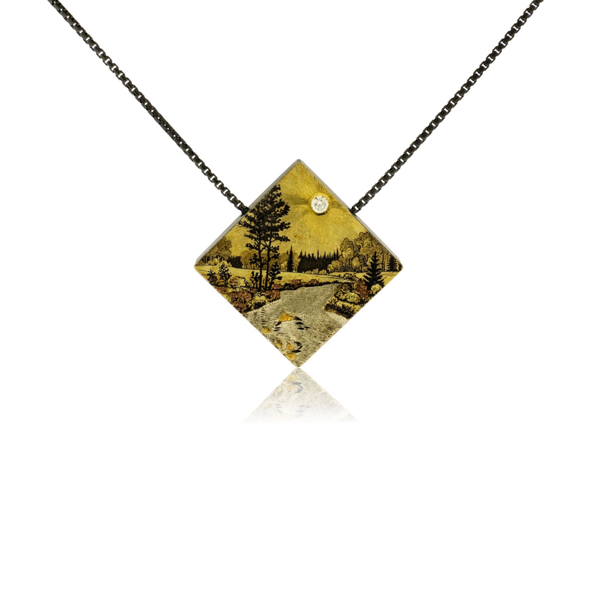 Mountain Landscape with River & Trees Diamond Pendant - Park City Jewelers