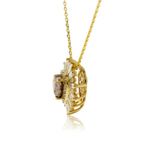 Natural Chocolate Heart Shaped Diamond with Baguette Burst Halo Pendant - Park City Jewelers