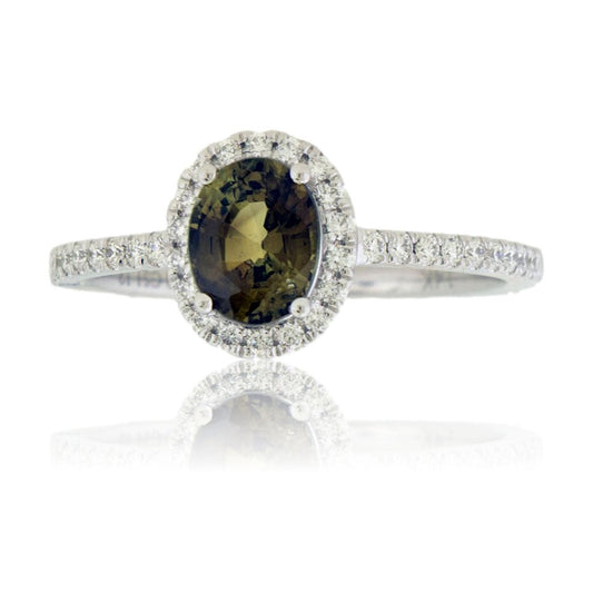Oval Alexandrite & Diamond Halo Diamond Shank Ring - Park City Jewelers
