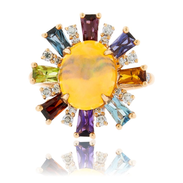 Oval Cabochon Opal Ring with Multi Gemstone and Diamond Halo - Park City Jewelers