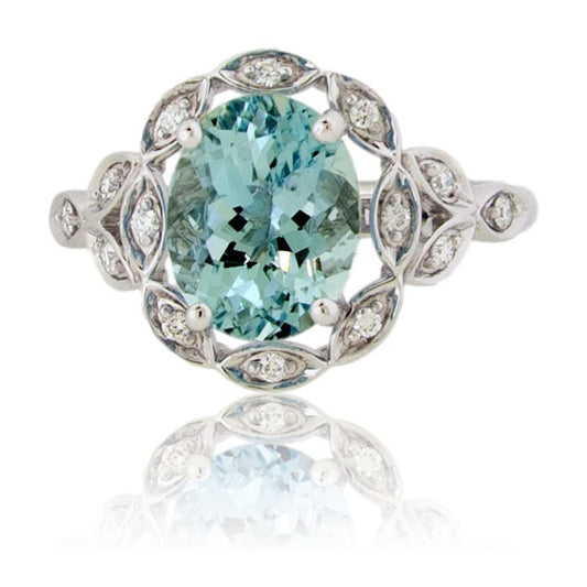 Oval - Cut Aquamarine with Scalloped Diamond Halo Ring - Park City Jewelers