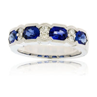 Oval - Cut Blue Sapphire & Diamond Accented Milgrain Style Band - Park City Jewelers