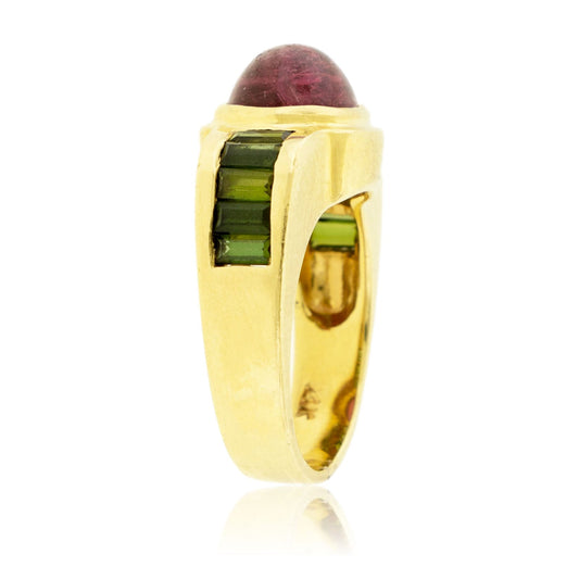 Oval Pink Tourmaline Cabochon with Green Tourmaline Accented Ring - Park City Jewelers
