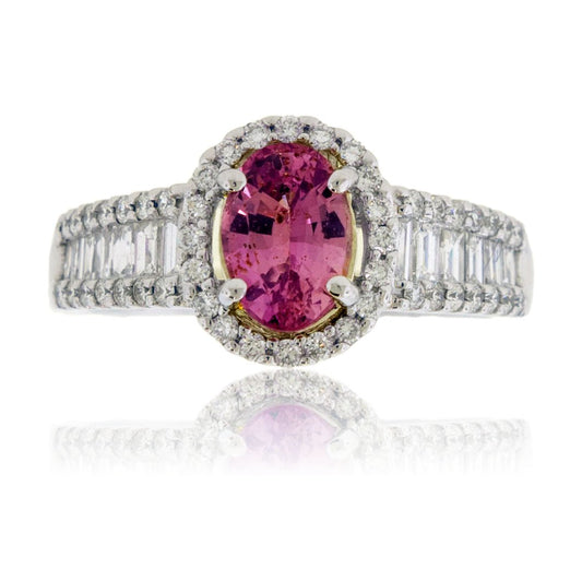 Oval Shaped Pink Sapphire Diamond Halo & Baguette Accent Ring - Park City Jewelers