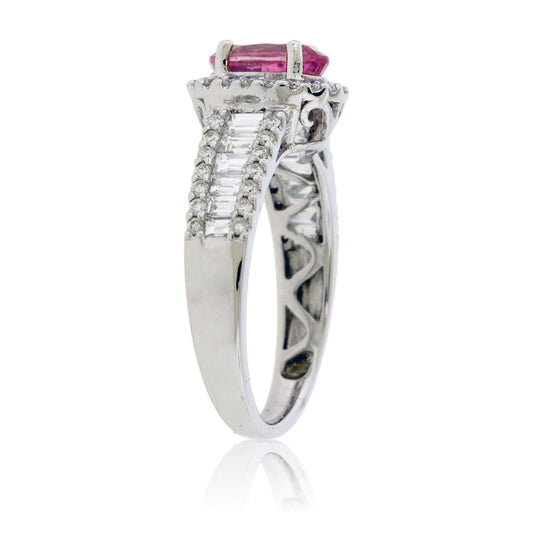 Oval Shaped Pink Sapphire Diamond Halo & Baguette Accent Ring - Park City Jewelers