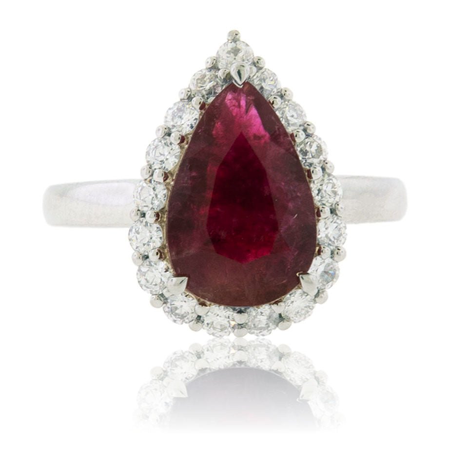 Pear Cut Red Emerald and Diamond Halo Ring - Park City Jewelers