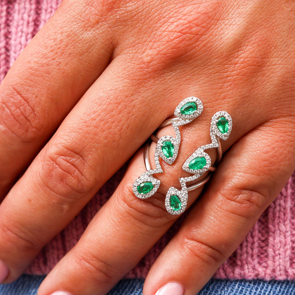 Pear Emerald and Diamond Halo Cocktail Ring - Park City Jewelers