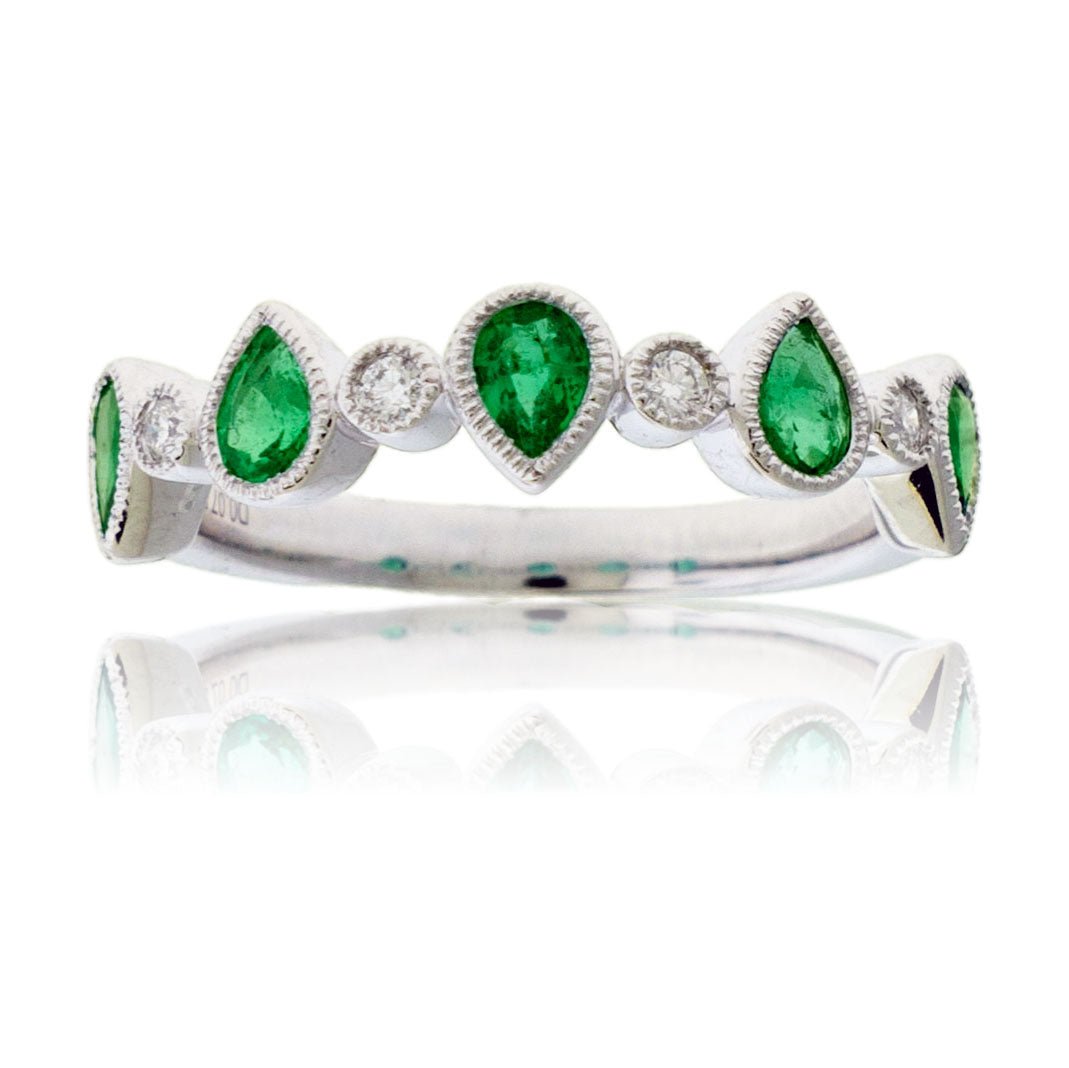 Pear Green Emerald and Diamond Milgrain Band - Park City Jewelers