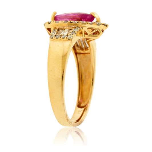 Pear - Shaped Pink Sapphire Diamond Halo & Baguette Accent Ring - Park City Jewelers