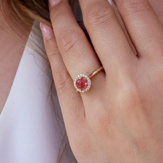 Red Beryl Cabochon and Diamond Halo Ring - Park City Jewelers
