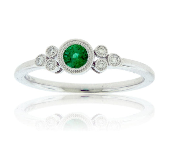 Round Green Emerald & Milgrain Halo Style Gold Ring - Park City Jewelers