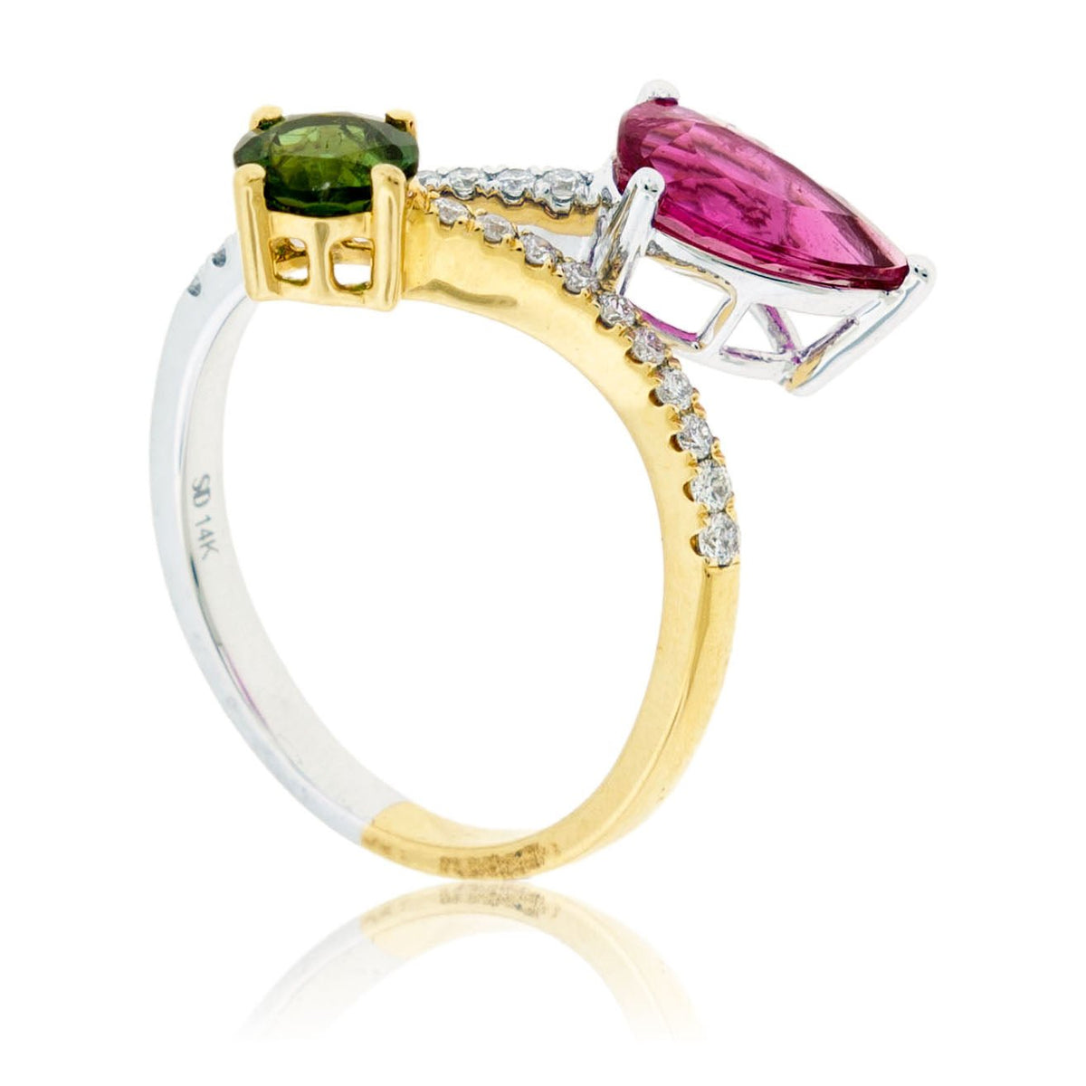 Round Green Tourmaline, Pear Pink Tourmaline & Diamond Bypass Ring - Park City Jewelers