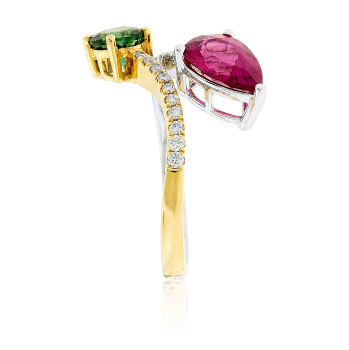 Round Green Tourmaline, Pear Pink Tourmaline & Diamond Bypass Ring - Park City Jewelers