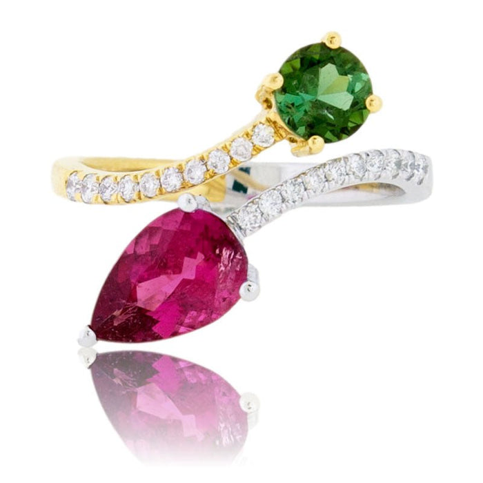 Round Green Tourmaline, Pear Pink Tourmaline & Diamond Bypass Ring - Park City Jewelers