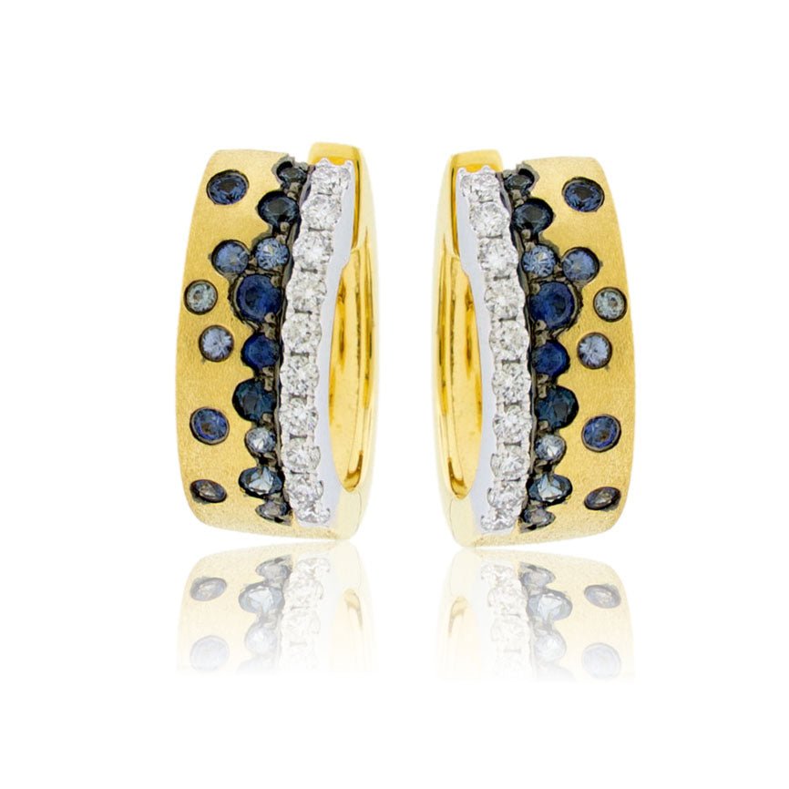 Satin Finish Flush Set Blue Sapphire & Diamond Row Hoop Earrings - Park City Jewelers