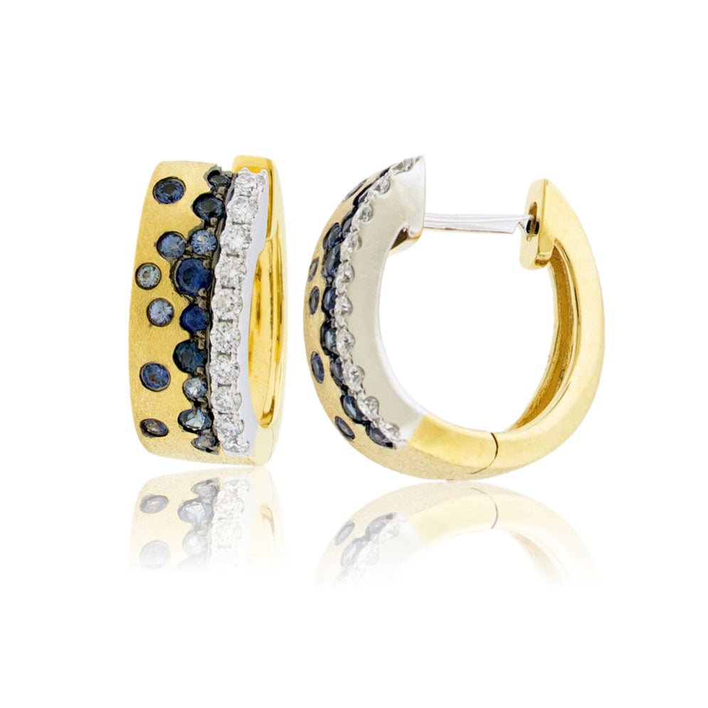 Satin Finish Flush Set Blue Sapphire & Diamond Row Hoop Earrings - Park City Jewelers