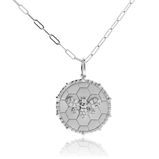 Satin Finish Flush Set Diamond Bee & Honeycomb Disc Pendant - Park City Jewelers