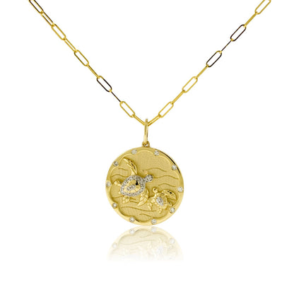 Satin Finish Flush Set Diamond Sea Turtle Disc Pendant - Park City Jewelers