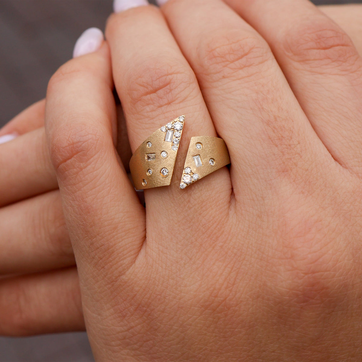 Satin Finish Gold Diamond Flush Set Split Shank Ring - Park City Jewelers