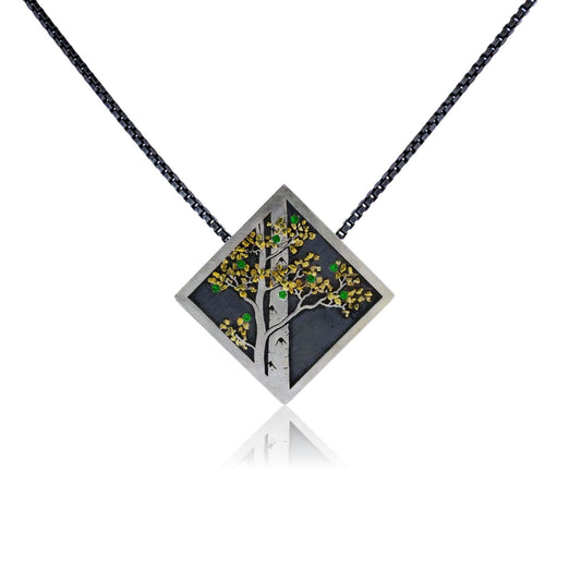 Silver, Tsavorite Garnet, & Nugget Gold Aspen Duet On Point Pendant - Park City Jewelers