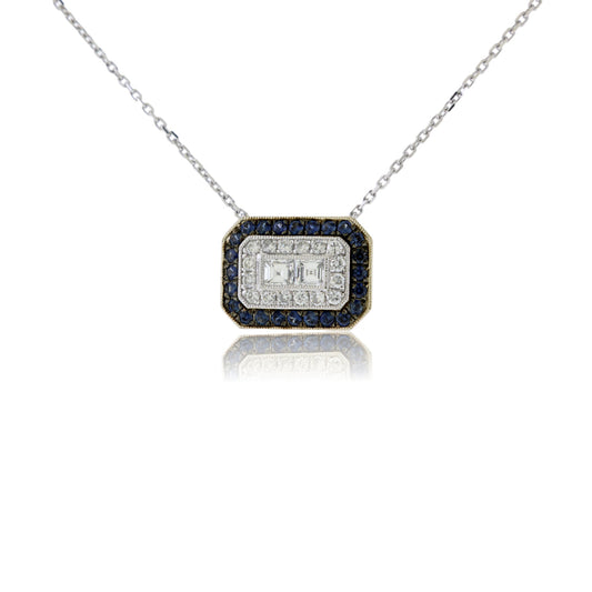 Square Diamond with Diamond & Blue Sapphire Double Halo Necklace - Park City Jewelers