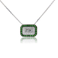 Square Diamond with Diamond & Tsavorite Garnet Double Halo Necklace - Park City Jewelers