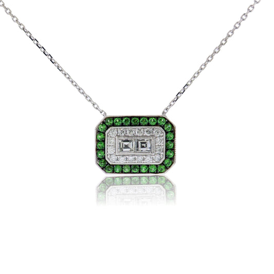 Square Diamond with Diamond & Tsavorite Garnet Double Halo Necklace - Park City Jewelers