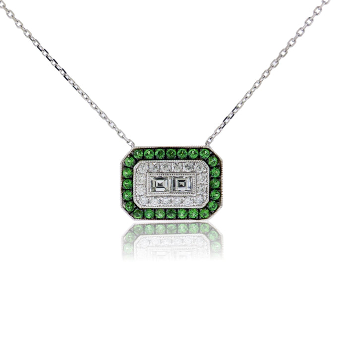 Square Diamond with Diamond & Tsavorite Garnet Double Halo Necklace - Park City Jewelers