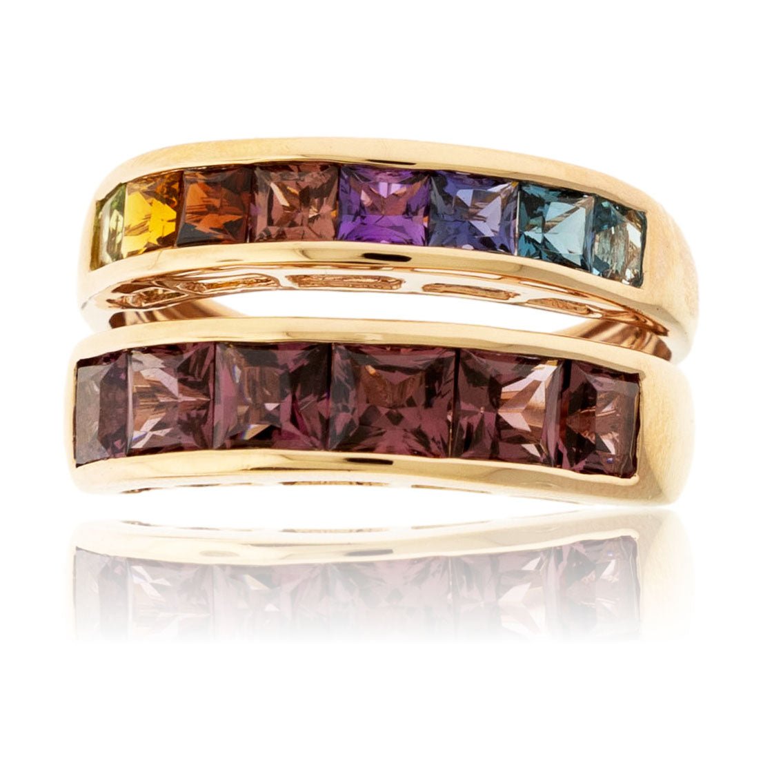 Step Cut Mixed Gemstone Rainbow & Garnet Stack Look Ring - Park City Jewelers